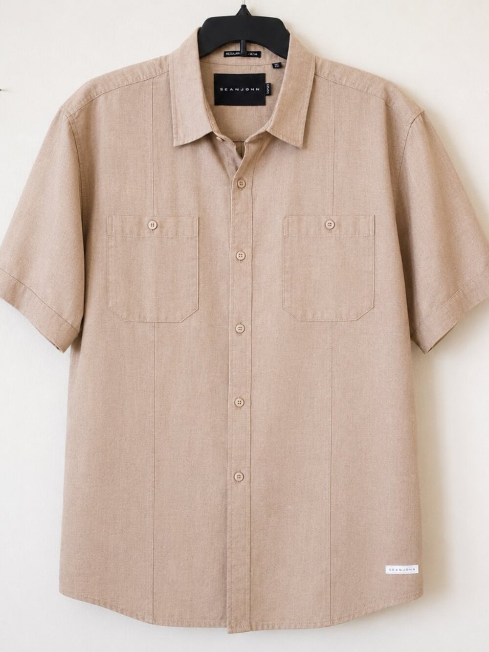 Sean John Beige Short Sleeve Linen Button-Up Shirt SZ 2XL